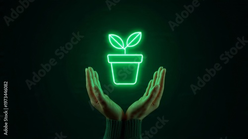 Hands cupping a small plant pot. A minimalist glowing green leaf icon floats above the plant. Eco-friendly business concept. Clean neon lines.