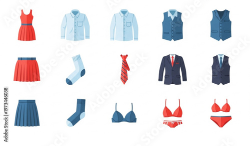 Clothing icon vector set with dress shirt jacket suit bikini and fashion apparel