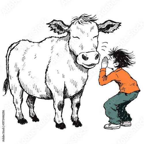 Boy and farm cow pastoral illustration black and white