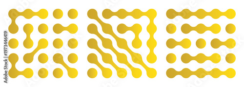 Diagonal metaball connected circles shape. Abstract nerve cell dots or computer nano net. Pattern of Golden metaballs isolated on white background. Metaball dot icon symbol set Set color metaballs set