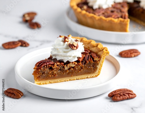 A slice of a sweet, nutty pie with whipped cream garnish is presented on a white plate, alongside a whole pie. Pecans are scattered about