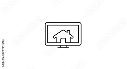 Computer screen displaying a house icon, representing real estate or online property search