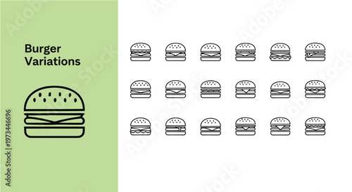 A collection of diverse minimalist vector burger icons showing various delicious ingredient variations and fast food meal options.