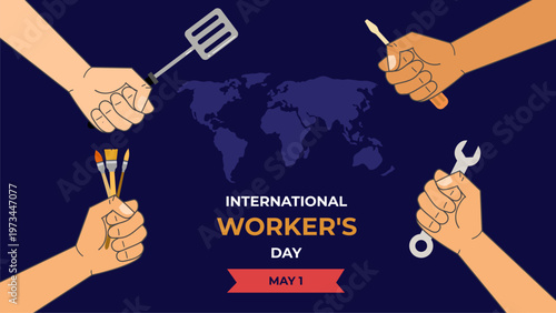 Hands holding various tools for international workers day concept on world map background