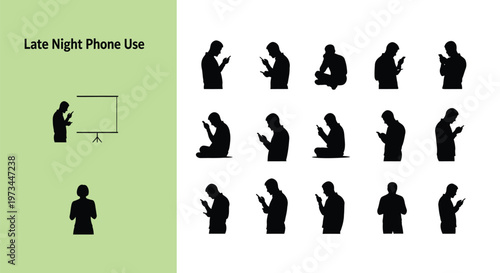 Silhouette set of various people using smartphones during late night hours as a vector graphic illustration