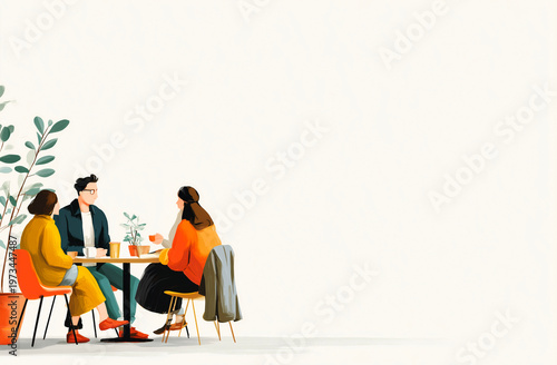 Business people sitting at table and talking in cafe. Vector illustration.