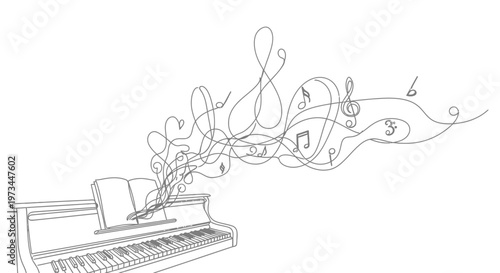 Piano with music notes coming out.