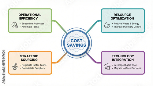 Business cost savings strategy concept representing operational efficiency resource optimization strategic sourcing and technology integration for enterprise financial management profitability