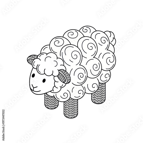 Stylized Sheep Illustration with Curly Wool and Knitted Legs.
