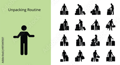 Man performing an unpacking routine with heavy travel suitcases in this professional black vector graphic set