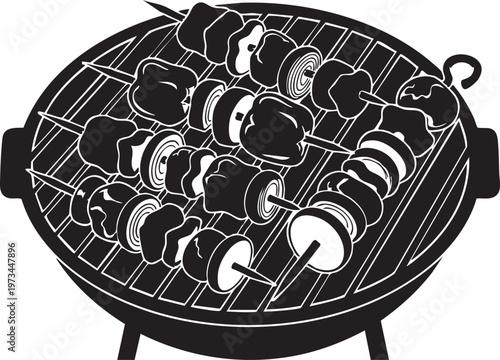 A detailed view of various food items being cooked on a traditional outdoor grill with a wire mesh design