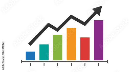 Colorful business bar chart with upward arrow. Financial growth and success vector.
