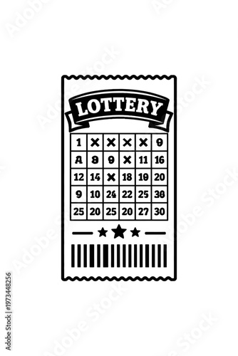 Classic Black and White Lottery Scratch-Off Ticket Icon: Symbolizing Chance, Gambling, Winnings, and Instant Prizes for Games of Luck, Entertainment, and Fortune-Seeking Adventures in a Minimalist Des