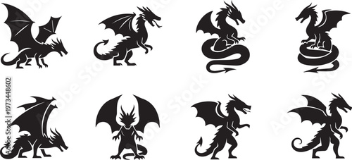 Dragon Silhouette Vector Icon Set for Fantasy and Mythology