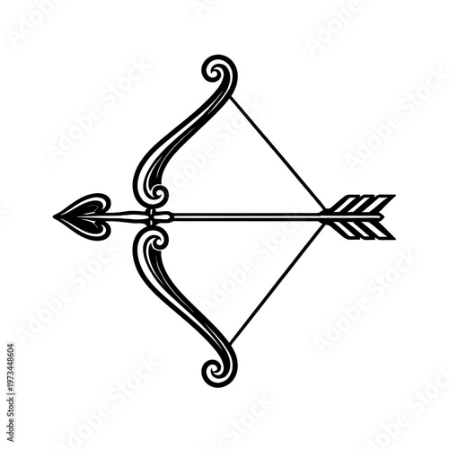 Classic Black and White Bow and Arrow Silhouette: A Timeless Symbol of Precision, Aim, and Ancient Hunting Tools for Graphic Design, Vector Art, and Historical Representation.