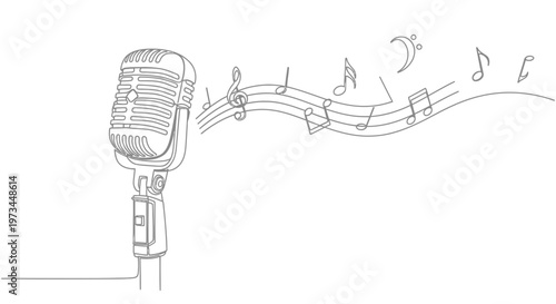 Vintage Microphone with Music Notes.