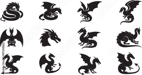 Mythical Dragon Silhouette Set - Fantasy Creature Vector Icons