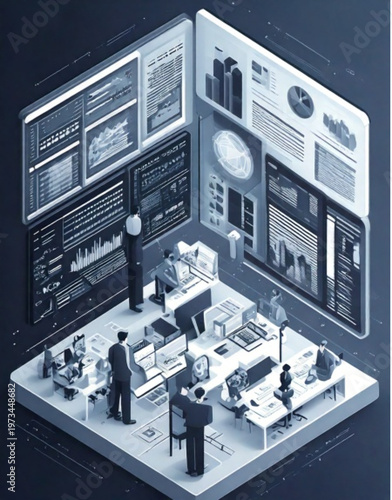 Modern Data Analysis Center with Employees Working on Computers.