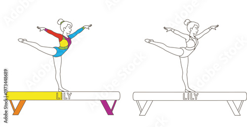 Little Girl Gymnast Lily Balancing on a Beam Illustration, Sports Activity Coloring Page for Kids and Colorful Vector Design for Educational Projects