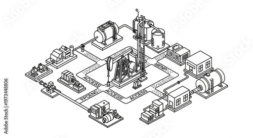 Isometric oilfield drilling site with rigs and pumpjacks.