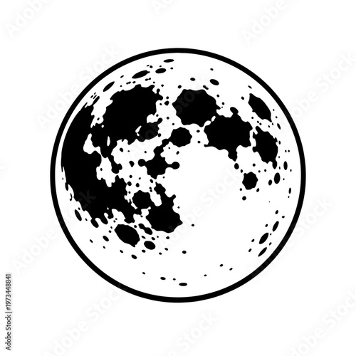 Illustrative Black and White Full Moon Icon with Detailed Crater Textures, Representing Lunar Phases, Space Exploration, and Celestial Bodies for Graphic Design and Educational Content