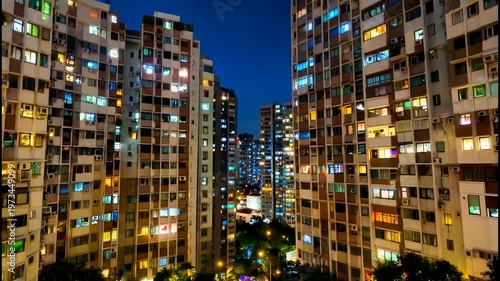 A nighttime cityscape view of illuminated residential buildings standing tall in a urban landscape with apartments and balconies.