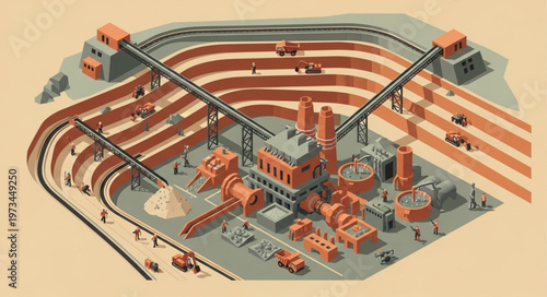 Isometric Open Pit Mine Industrial Processing Site.