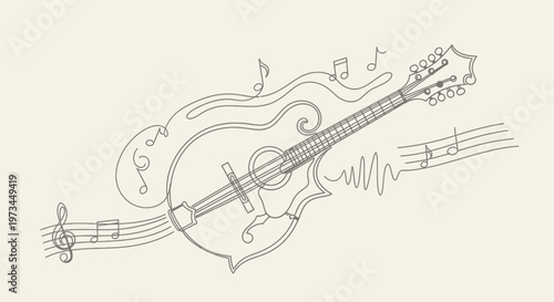 Banjo with music notes floating around.