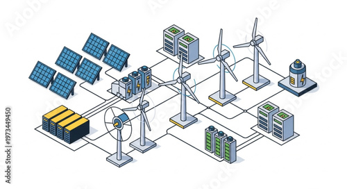 Isometric renewable energy microgrid with solar panels wind turbines.