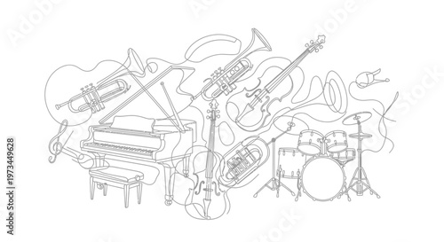 Collection of various musical instruments.