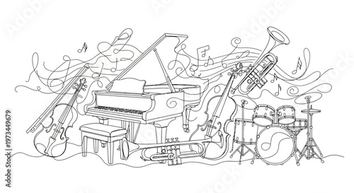 Musical Instruments Line Art Doodle with Piano Drums and Brass Instruments.