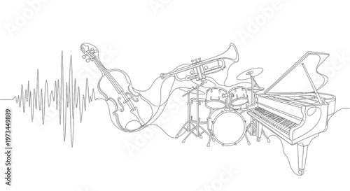 Continuous line drawing of various musical instruments and sound wave.