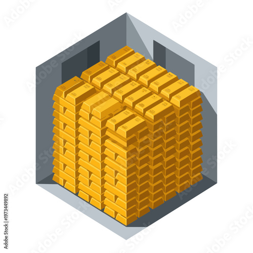 Isometric View of Gold Bullion Stacks in a Vault.