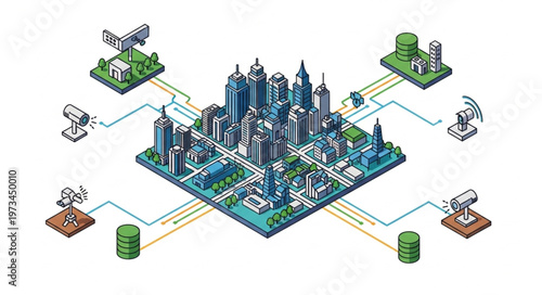 Isometric Smart City Model Showing Urban Infrastructure Network.