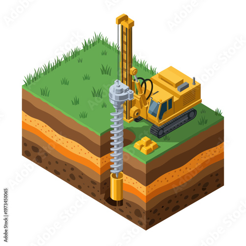 Isometric Illustration of Soil Drilling Rig and Subsurface Layers.