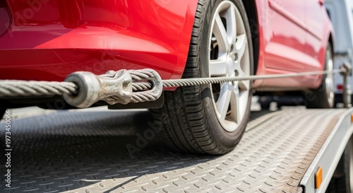 Tow truck loading red hatchback with steel cable on flatbed trailer. Tow truck scene captures red car secured with sturdy cable, ready for transport.