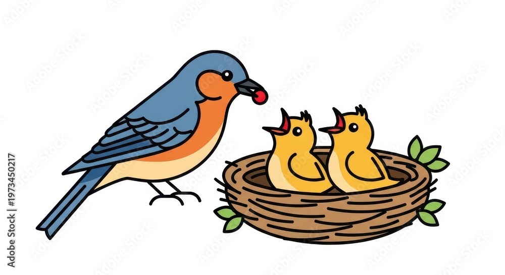 Fototapeta premium A blue and orange bird feeding two yellow chicks in a nest with green leaves on a white background w