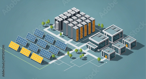 Isometric solar farm and data center infrastructure illustration.