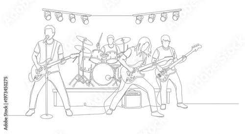 Continuous line drawing of a rock band performing live on stage.