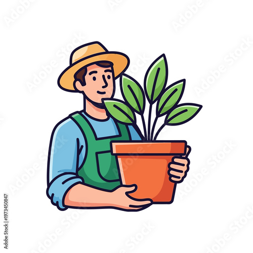 Smiling farmer wearing a hat and overalls, holding a potted plant with green leaves.