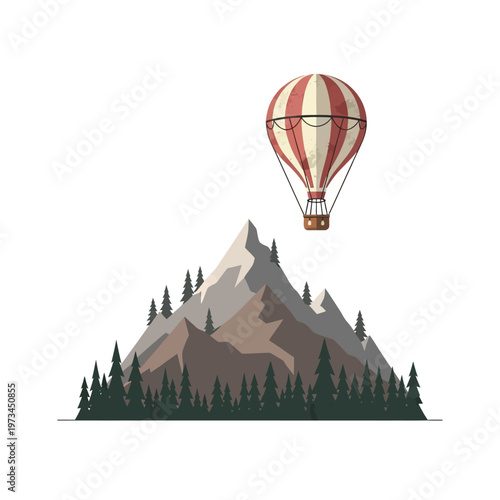 A vintage hot air balloon floats serenely above a majestic mountain range covered in pine trees.