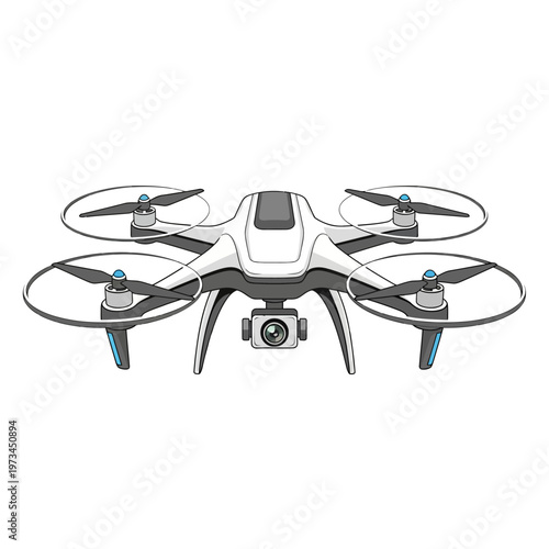 A modern white quadcopter drone with a camera mounted underneath, isolated on a white background.