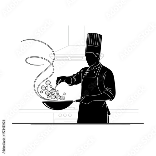 Silhouette of a chef cooking in a wok with steam rising from the pan, representing culinary arts and professional cooking.