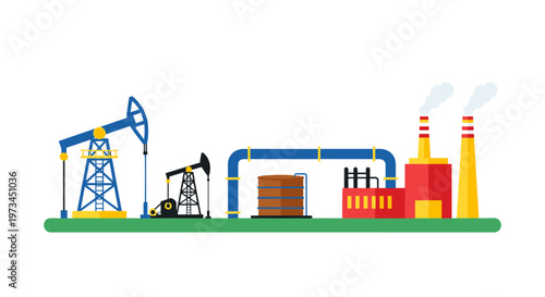 Industrial landscape featuring blue oil pump jacks with yellow accents, a brown storage tank connected by blue pipes, and a red factory emitting white smoke from yellow chimneys,