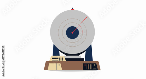 Retro scientific instrument with large gray dial, red pointer, and dark blue center, mounted on a multi-level base with cream, brown, and navy blue accents, featuring clean lines