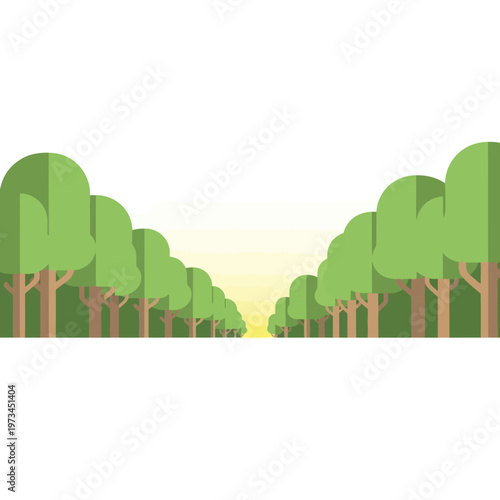 A symmetrical perspective of a green forest with a bright yellow sky in the distance.