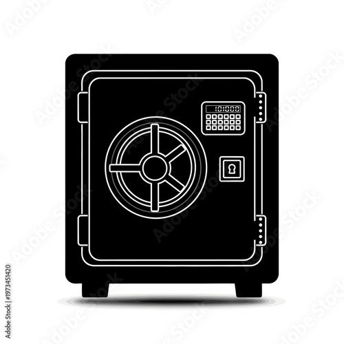 A black silhouette of a modern safe with a digital keypad and a circular dial on the front door, isolated on a white background.