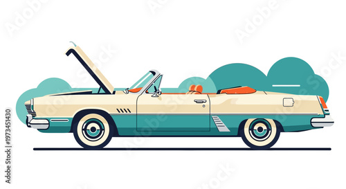 Vintage convertible car with open hood against abstract background.