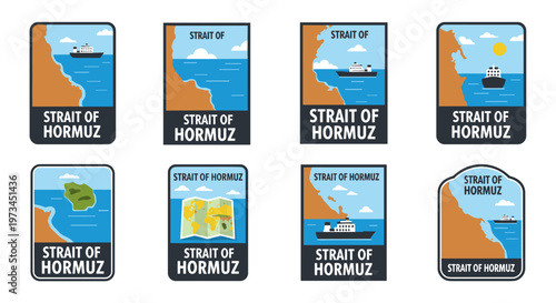 Set of clean, modern vector emblems depicting the strait of hormuz, featuring ships navigating blue waters near brown coastlines under a bright sky with scattered clouds,
