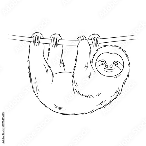 A simple line drawing of a cute sloth hanging upside down from a branch, smiling.